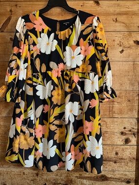Who What Wear Black Floral Tiered Babydoll Dress with White & Pink Blooms